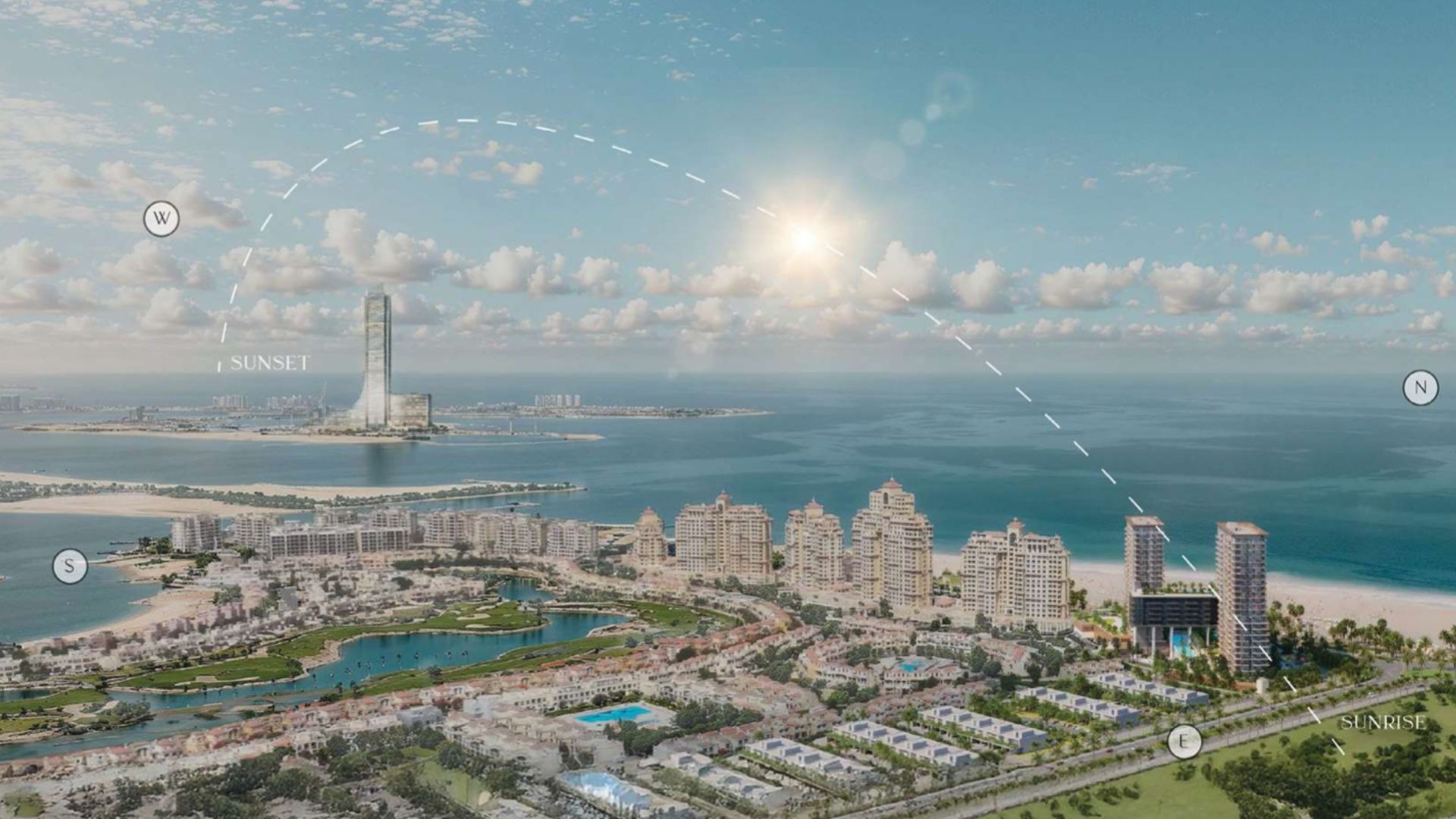 Vue aérienne de Soto Grande à Dubaï avec lever et coucher de soleil - Haaz Properties DUBAI - Haaz Properties
