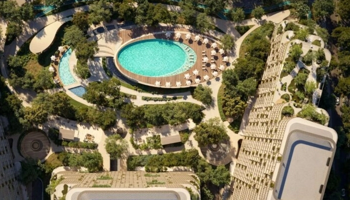 Vue aérienne d'un complexe de luxe avec piscine à Dubaï - Immobilier de luxe à Dubaï - Haaz Properties DUBAI - Haaz Properties