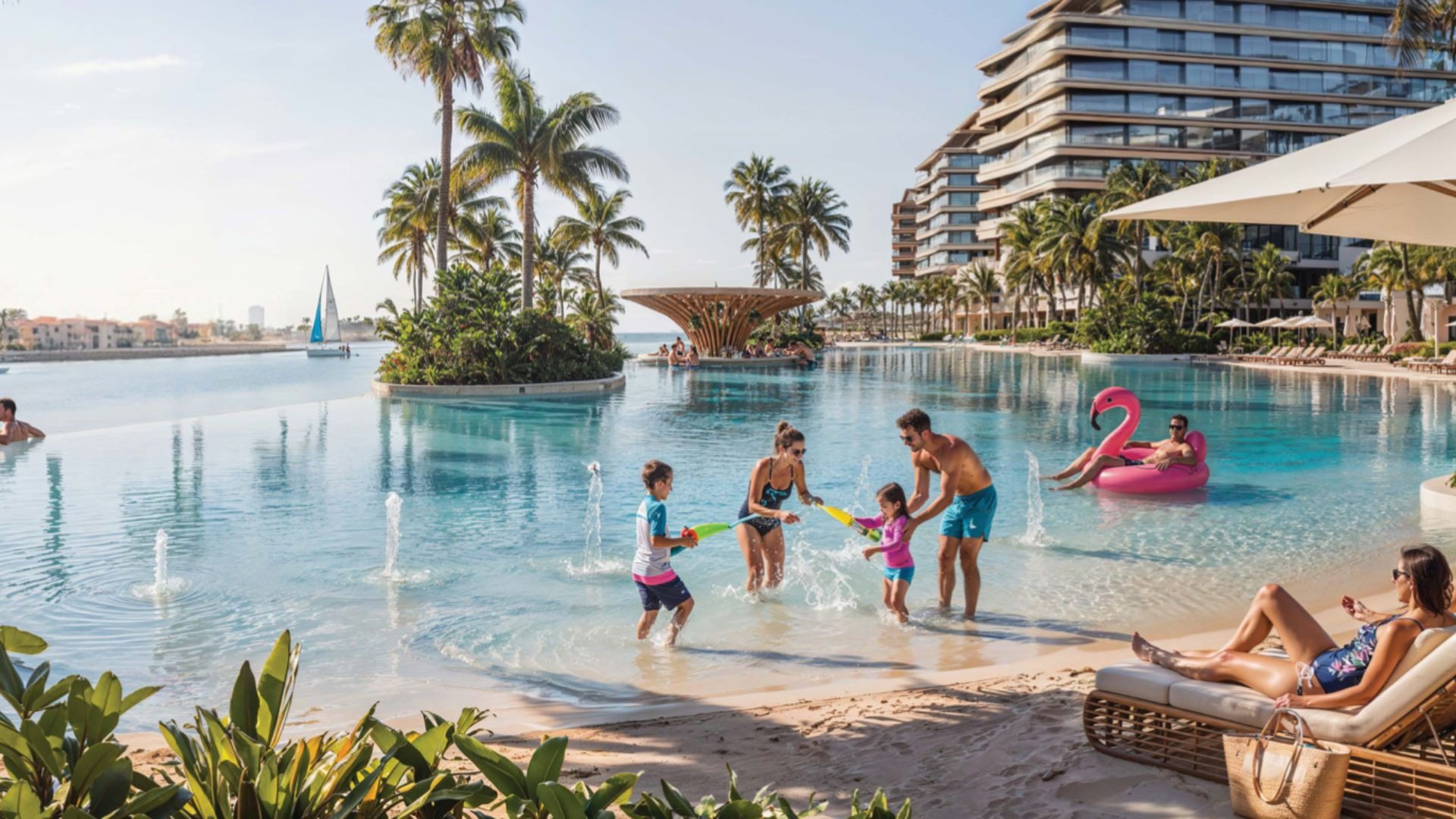 Famille s'amusant à River Cove Residences, complexe de luxe à Dubaï DUBAI - Haaz Properties